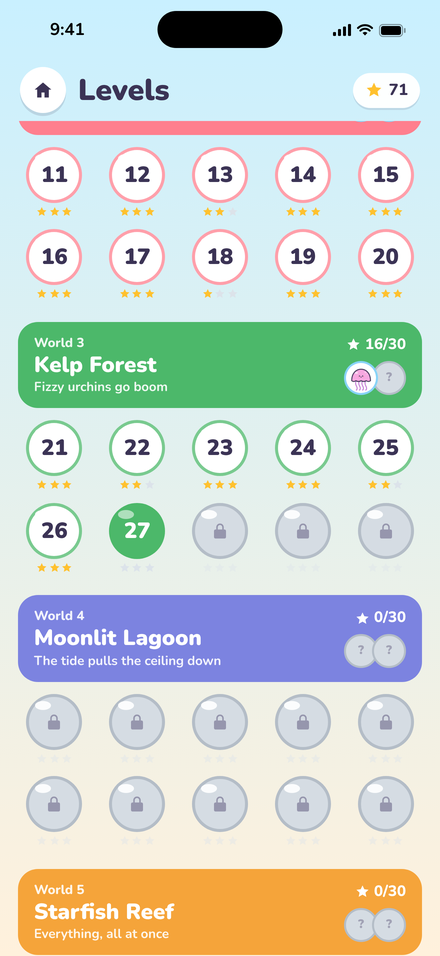 Level select with five worlds