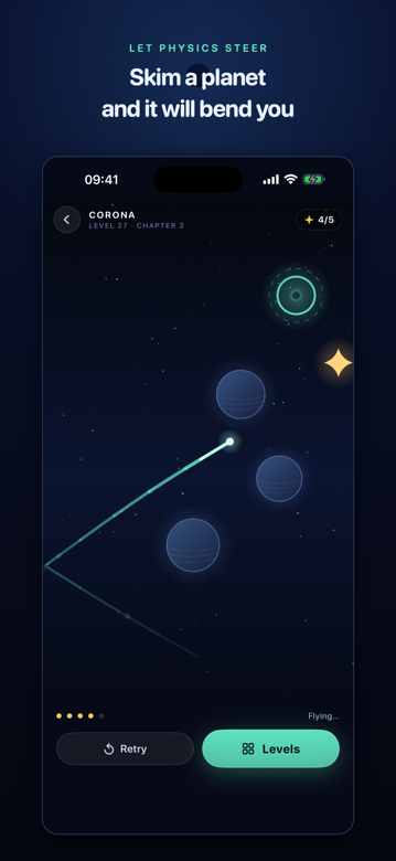 A probe mid flight, bent by a planet